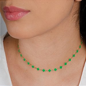 Gargantilha Choker c/ Trevos Cor Verde - Semijóias 18k - Antialérgica