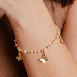 Pulseira Borboletas com Bolinhas Foscas e  Pérolas - Semijoias 18k - Antialérgico -  MP972-16170