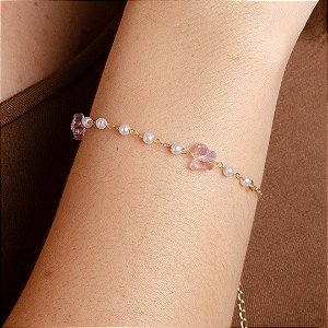 Pulseira Borboleta Rosa com Pérolas - Semijoias 18k - Antialérgico - MP973-10130