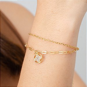 Pulseira Cartier Dupla com Pingente Trevo Cravejado - P38-16180