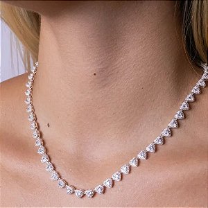 Gargantilha Choker Luxo Com Corações Cravejados - Prata 925 - MG778-2921752