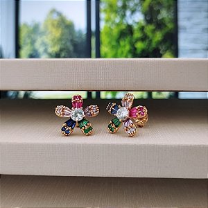 Brinco Flor Zircônia Multicor - Semijoia 18k - B353-13130