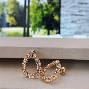 Brinco Gota Vazada Cravejada -Semijoia 18k