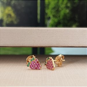 Brinco Morango Cravejado Rosa Pink -Semijoias 18k - B426-0576