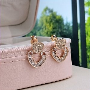 Brinco Dois Corações Com Zircônias - Semijoia 18k - B451-13170