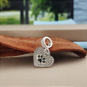 Berloque Coração Cravejado Com Patinha Pet - Prata 925 - MBL326-26156