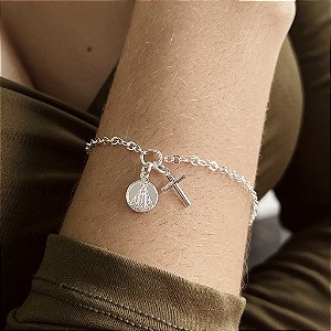 Pulseira Com Crucifixo e N.S Aparecida - Prata 925 - P96-24144