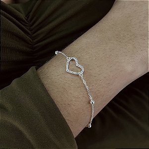 Pulseira Bolinha Com Coração Cravejado - Prata 925 - P104-24144