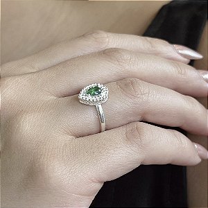 Anel Gota Trabalhado Com Pedra Verde - Prata 925 - MA518-37222
