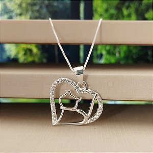 Gargantilha Coração Cravejado Com Gatinho - Prata 925 - MG799-49294