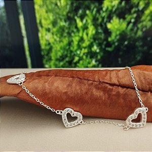 Pulseira Corações Com Zircônias - Prata 925 - P143-35210