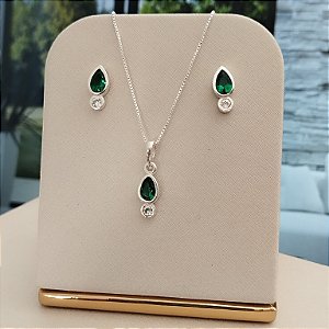 Conjunto Gota Verde Com Zircônia - Prata 925 - MCJ127-43262
