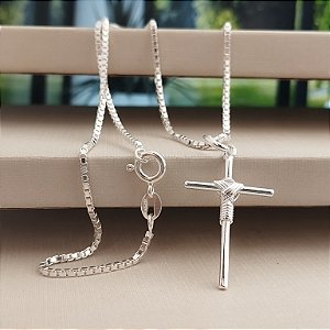 Corrente Masculina Veneziana V28 Com Crucifixo - 60cm - Prata 925 - MG834-X468