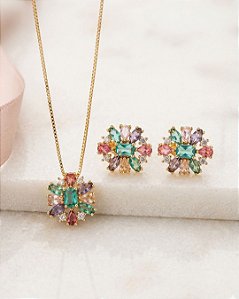 Conjunto Cravejado Colorido - Semijoia 18k - MCJ135-X420
