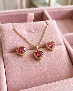 Conjunto Coração Cravejado - Semijoia 18k - MCJ142-X290