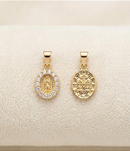 Pingente N.S das Graças Cravejado Dupla Face - Semijoia 18k - MPI453-X110