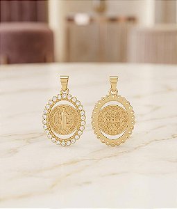 Pingente São Bento Cravejado Dupla Face - Semijoia 18k - MPI452-X160