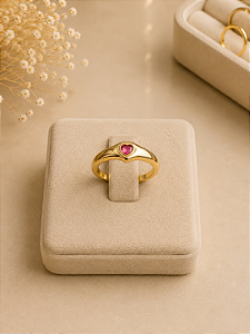 Anel Coração Com Pedra Rosa - Semijoia 18k - MA551