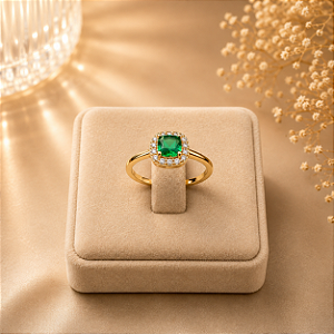 Anel Solitário Com Pedra Verde Cravejado - Semijoia 18k - MA574