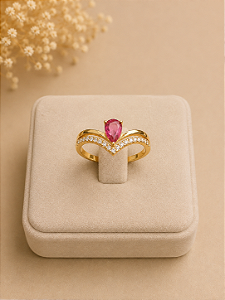 Anel Luxo Cravejado Com Pedra Rosa - Semijoia 18k - MA549