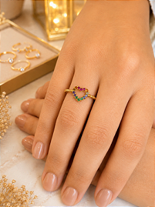 Anel Coração Com Zircônias Coloridas - Semijoia 18k - MA600