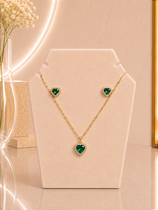 Conjunto Coração Verde Cravejado - Semijoia 18k- MC161