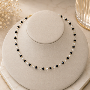 Gargantilha Choker Bolinhas Preto e Branco - Semijoia 18k - MG1038