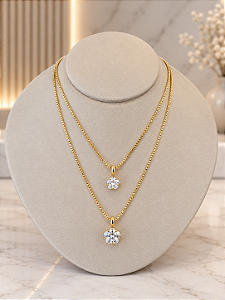 Gargantilha Choker Dupla Flor de Zirconia - Semijoia 18k - MG1074