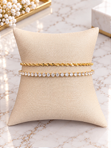 Pulseira Dupla Riviera Com Laminada Torcida - Semijoia 18k - P209