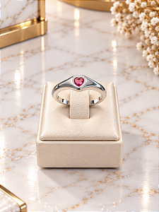 Anel Com Pedra Em Zirconia Coração Rosa - Semijoia Banho Ródio - MA620