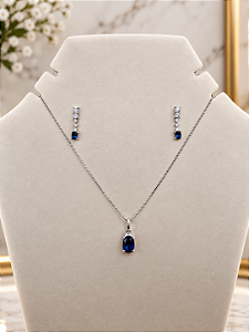 Conjunto Com Zircônia Azul - Semijoia Banho Ródio - MCJ209