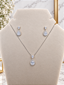 Conjunto Gota em Zirconia - Semijoia Banho Ródio - MCJ208