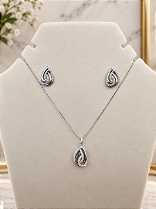 Conjunto Gota Trançado C/ Zircônias Semijoia Banho de Ródio MCJ206