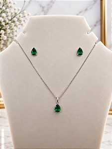 Conjunto Em Zirconia Verde Esmeralda - Semijoia Banho Ródio - MCJ227