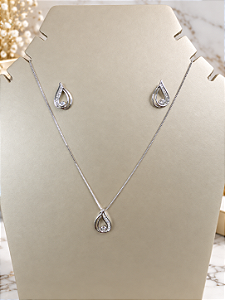 Conjunto Gota Com Zircônias - Semijoia Banho Ródio - MCJ207