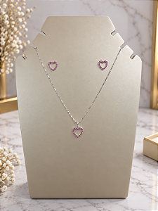 Conjunto Coração Com Zircônias Rosa - Semijoia Banho Ródio - MCJ222