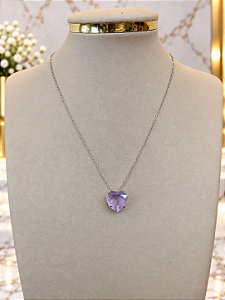 Gargantilha com Pingente Em Zirconia Coração Rosa - Aço Inoxidável - MG952