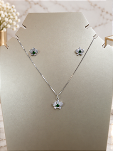 Conjunto Flor Em Zirconias - Semijoia Banho Ródio - MCJ229