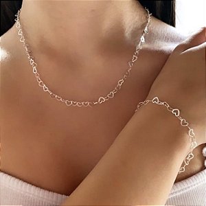 Kit Gargantilha Coração + Pulseira Coração - Prata 925 - kit01