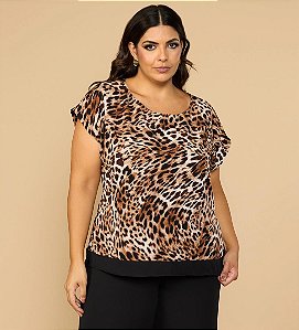 BLUSA ANIMAL PRINT COM DETALHE LISO PRETO