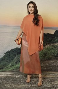 VESTIDO ACETINADO COM SOBREPOSIÇÃO LARANJA