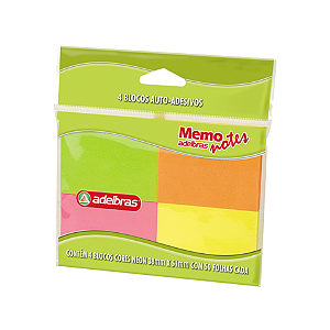 Bloco autoadesivo Memo Notes 38mmx51mm 200 folhas coloridas neon (50 de cada cor) | Adelbras