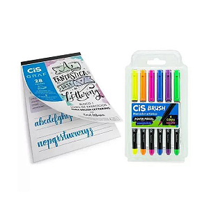 Kit Presente Artístico | Bloco Livro de Exercícios para Lettering + Canetas Hidrográficas Brush Pen cores Neon | CiS