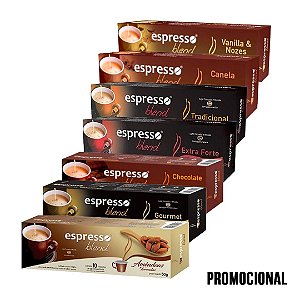 70 cápsulas "Mix Promocional" (vanilla,canela,tradicional,extra forte,chocolate,gourmet e amendoa) + Grátis 10 capsulas intenso para Nespresso.