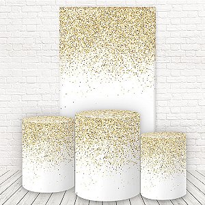Painel Retangular e Capas Tecido Sublimado Glitter Branco e Dourado WKPC-567