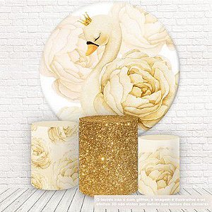 Painel Redondo e Capas Tecido Cisne Glitter Dourado WKPC-207