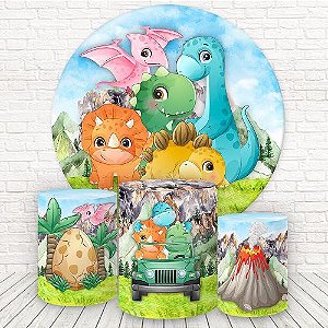 Painel de Festa 3d + Trio Capa Cilindro - Dinossauro Cute Folhagens Roar -  Via Cores - Paineis de Festa