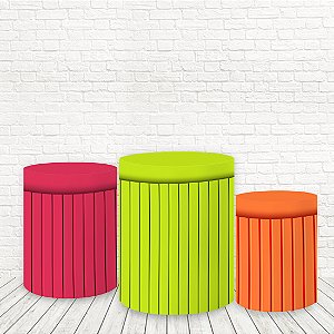 Trio Capas De Cilindro Tecido Sublimado 3D Ripado verde, rosa e laranja WCC-1109