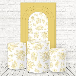 Painel Retangular e Capas Tecido Sublimado 3D Batizado Amarelo Toile de Jouy WKPC-3276