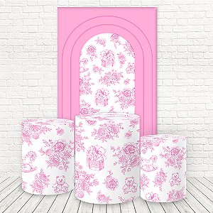 Painel Retangular e Capas Tecido Sublimado 3D Batizado Rosa Toile de Jouy WKPC-3273